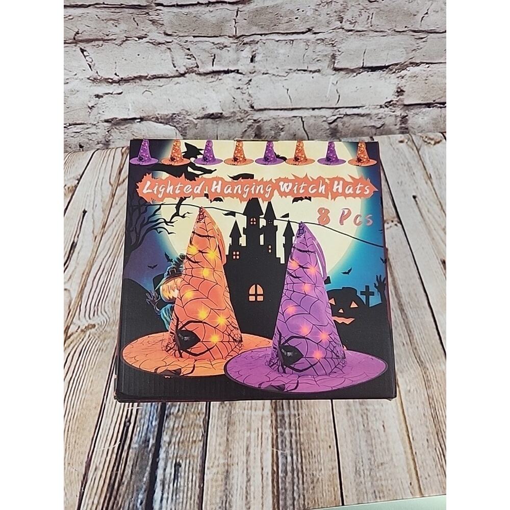 NEW Lighted Hanging Witch Hats 8 Pcs Halloween Decor Witch Hats